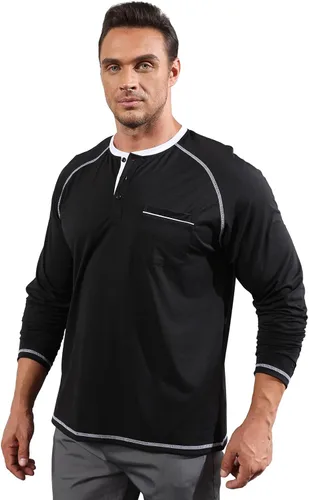 Vista 3 de Lexiart Camisas Henley de moda para hombre, estilo casual, de algodón, manga raglán larga, térmica, con bolsillo