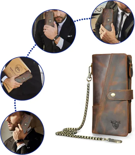 Vista 6 de Genuino Caballo Loco De Cuero De Viaje De Regalo De La Moneda De La Tarjeta De Bolsillo De La Caja Larga Organizador Cadena Rfid Monedero Con Snap