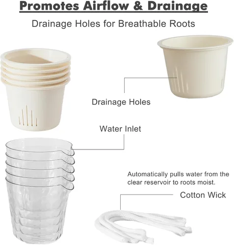 Vista 3 de Macetas de 6.5 pulgadas con riego automático para plantas de interior, paquete de 6 unidades, maceta para violeta africana, macetas con riego Blanco