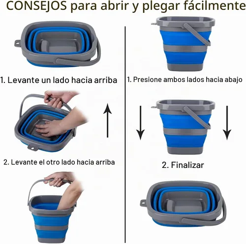 Vista 5 de Paquete de 2 cubos de plástico plegables con 1.32 galones (5L) cada uno, tina rectangular plegable para limpieza del hogar, recipiente de agua al