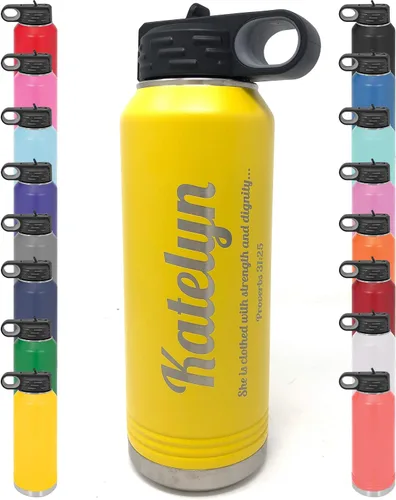 Vista 8 de Botella de agua personalizada con recubrimiento en polvo de 32 onzas, de acero inoxidable con doble pared aislada al vacío, grabado personalizado