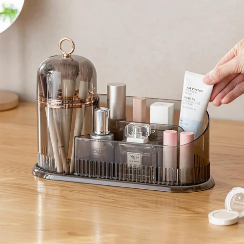 Vista 4 de Organizador de maquillaje, organizador de cuidado de la piel con soporte para cepillo, almacenamiento dividido para cosméticos, almacenamiento