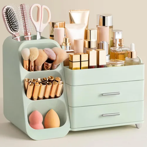 Vista 12 de HBlife Organizador de maquillaje con soporte para brochas para tocador, organizador grande de plástico para tocador de baño, almacenamiento