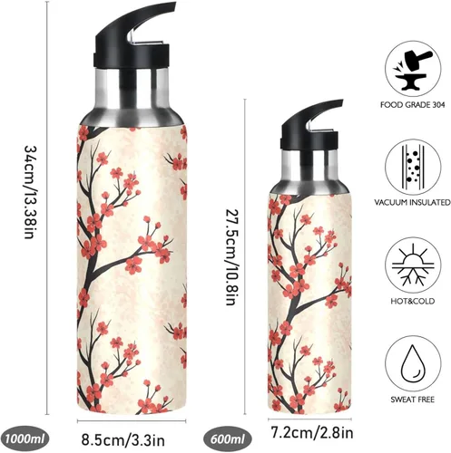 Vista 2 de Insulated Water Bottle 32 Oz, BPA-Free Sports Water Bottle with Straw for Gym Outdoor Travel School, Red Cherry Blossoms Dots