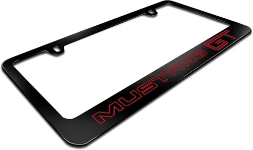 Vista 3 de iPick Image Hecho para Ford Mustang GT Outline en marco de matrícula de metal rojo y negro