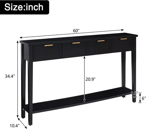 Vista 2 de Mesa consola con cajón, mesa de entrada larga estrecha con estante inferior para pasillo, entrada y sala de estar, color negro