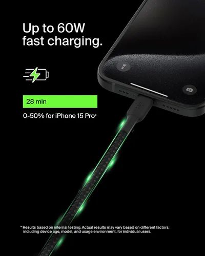 Vista 2 de Belkin BoostCharge - Cable trenzado USB-C a USB-C (1M/3.3 pies) para iPhone 16, iPhone 16 Pro, iPhone 16 Pro Max, Galaxy S25, S24, Note, Pixel 9
