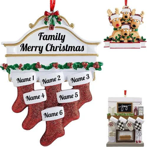 Vista 9 de Adornos de Navidad personalizados 2025, repisa de chimenea, familia de 2/3/4/5/6 nombres de miembros de la familia Joy para decoraciones de árbol