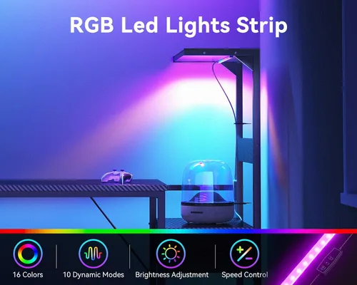 Vista 5 de Casaottima - Escritorio para juegos de 48 pulgadas con luces LED y soporte Negro fibra de carbono