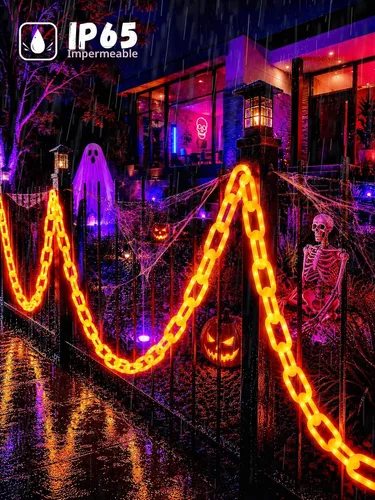 Vista 6 de Cadena de luces de Halloween con batería de 10 pies, 160 LED, color naranja