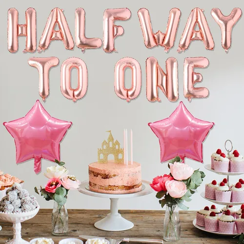 Vista 3 de Decoraciones de medio cumpleaños para niñas, pancarta de globos de medio camino a uno, globos de corazón de estrella rosa, globos de oro rosa