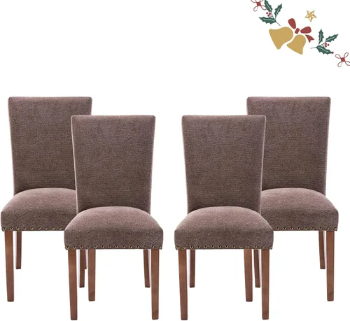 Vista 25 de Juego de 2 sillas tapizadas de tela para comedor, sillas de cocina estilo Parsons con ribete de cabeza de clavo y patas de madera - Beige