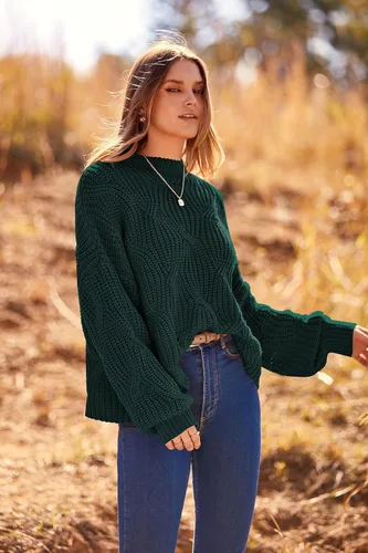 Vista 5 de PRETTYGARDEN Suéteres de otoño de gran tamaño para mujer, estilo casual, cuello redondo, manga larga, tejido trenzado grueso, blusa