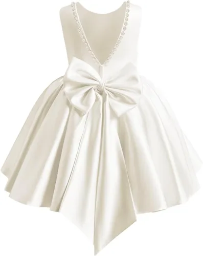 Vista 7 de MCieloLuna Vestidos de niña de flores para boda con nudo de lazo elegante de satén para primera comunión