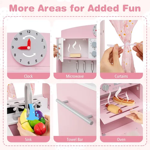 Vista 2 de Costzon Juego de Cocina para Niños, Juguetón de Madera de Pequeño Chef con 3 Alturas Ajustables, Barra de Toallas, Cortinas, Microondas, Estufas