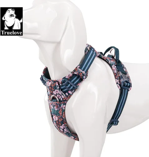 Vista 6 de TRUE LOVE Arnés ajustable sin tirones con clip frontal para perro, reflectante, cómodo, duradero, suave, algodón, chaleco floral con asa TLH5655