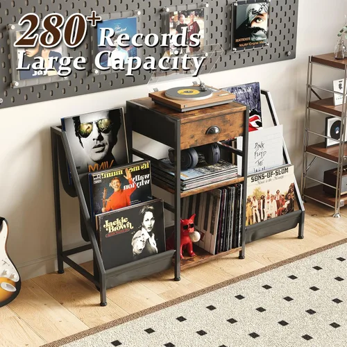 Vista 3 de Soporte para tocadiscos con cajón, mesa para tocadiscos con almacenamiento de discos de vinilo de hasta 280 álbumes, soporte giratorio con estante