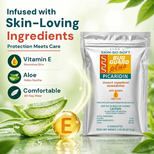 Vista 4 de Avon Skin Suave Bug Guard + Picaridin toallitas 8 unidades (paquete de 2) Skin So Soft Bug Guard, DEET-Free Repellent Wipes with Vitamin E & Aloe