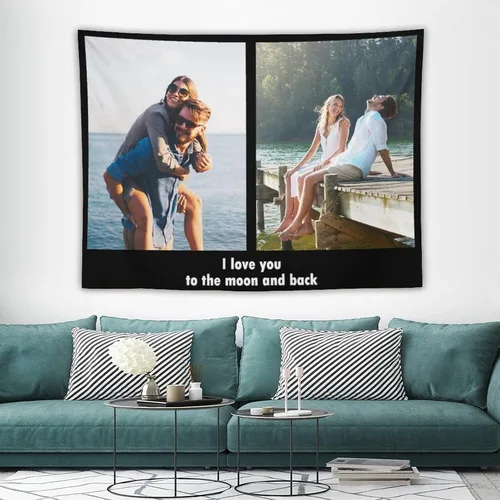 Vista 4 de Tapiz personalizado para cargar imágenes con fotos y textos, tapiz personalizado para colgar en la pared, manta de telón de fondo para decoración