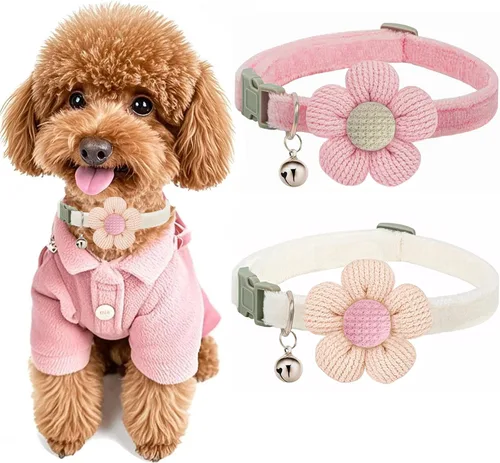 Vista 8 de Collar para perros pequeños con flor, collares para cachorros, collares para perros pequeños con campana, para hembras y machos pequeños