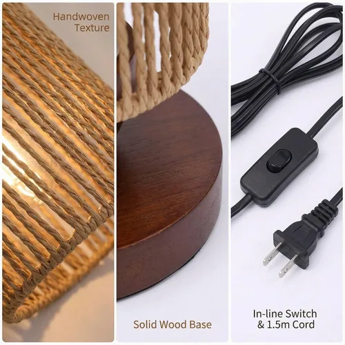 Vista 6 de Lámpara de mesa pequeña de ratán para dormitorio, lámpara de noche bohemia con bombilla LED cálida, lámpara de mesita de noche de mimbre tejida a