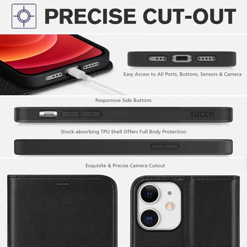 Vista 8 de TUCCH Funda tipo cartera para iPhone 12/iPhone 12 Pro 5G, con bloqueo RFID, ranura para tarjetas y soporte