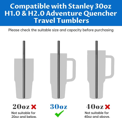 Vista 2 de Tomorotec Juego de 14 popotes de acero inoxidable de 11 pulgadas y 2 cepillos de limpieza con diseños curvos y rectos, compatible con vasos Stanley