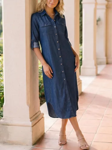 Vista 2 de Kuraki Vestido camisero casual con estampado y botones en la parte delantera para mujer Mezclilla