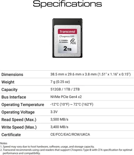 Vista 9 de Transcend CFexpress830 - Tarjeta de memoria de 512 GB, hasta 3500 MB/s, captura de video 4K8K para Canon