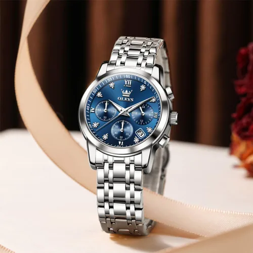 Vista 6 de OLEVS Reloj multifuncional de dos tonos para mujer, reloj analógico de cuarzo para mujer, de acero inoxidable, resistente al agua, con diamantes