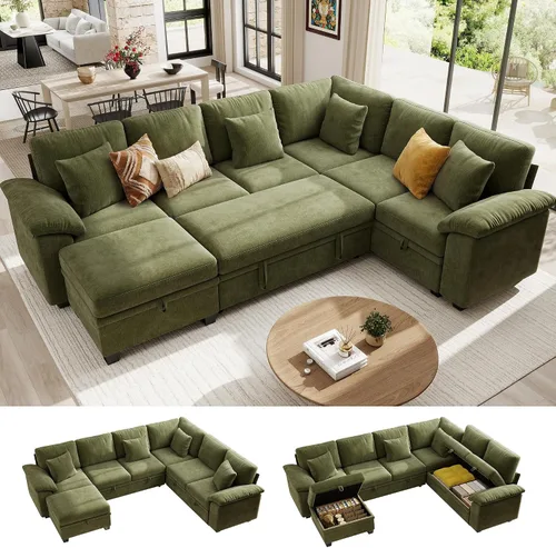 Vista 12 de Ihanherry Sofá modular de 86 pulgadas con cama extraíble, sofá cama modular en forma de L de 4 plazas con otomana de almacenamiento, sofás Verde