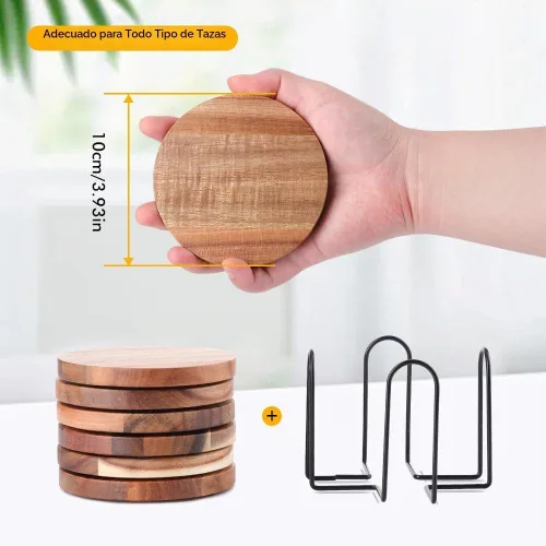 Vista 6 de WLWNWFT Posavasos de madera para bebidas con soporte para abridor de botellas, juego de 6, posavasos de madera de acacia para mesa de café, mesa