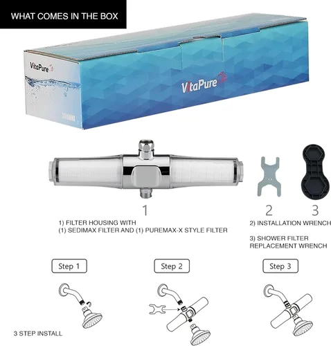 Vista 4 de Sonaki VitaPure - Filtro de ducha universal dual en línea - 400SPX - Filtración de sedimentos y fibra de carbono activado - Para sedimentos, óxido