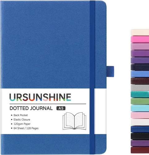 Vista 35 de Cuaderno punteado, diario, 5.3 x 8.26 pulgadas, tapa dura, prémium, papel grueso, doble espiral, bandas, cuero negro sintético, lazo para bolígrafo