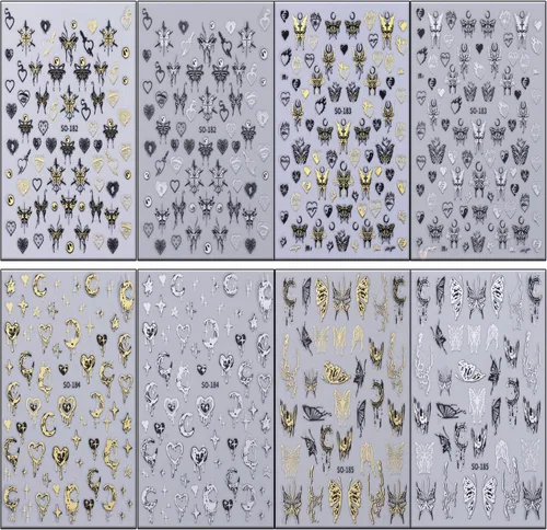 Vista 7 de Calcomanías líquidas para arte de uñas, diseño de mariposa, negro, plateado, mariposa, luna, 3D, autoadhesivas, suministros de arte de uñas