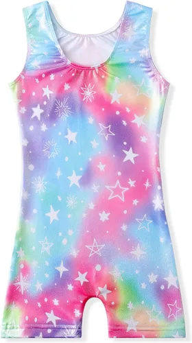 Vista 2 de Belovance Leotardos de gimnasia para niñas pequeñas, trajes de gimnasio, leotardo de danza, brillante, arcoíris, dinosaurio, leopardo, estrellas