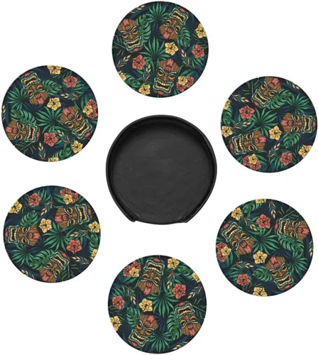 Vista 4 de Famame 6 posavasos hawaianos de cuero con hojas tropicales Tiki para bebidas con soporte, juegos de posavasos para mesa de bebidas, posavasos