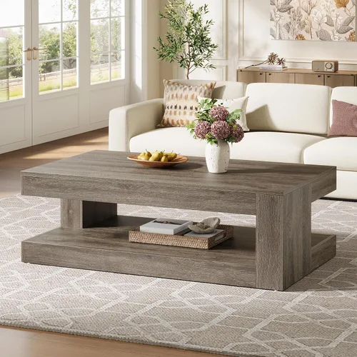 Vista 6 de Tribesigns Mesa de Centro para Sala de Estar, 47.24 Pulgadas Estilo Granja de 2 Niveles Mesa Central de Té y Cóctel con Almacenamiento, Gris