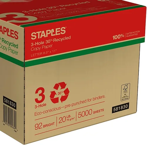 Vista 2 de Staples Papel de copia perforado reciclado de 3 agujeros, 20 libras, blanco