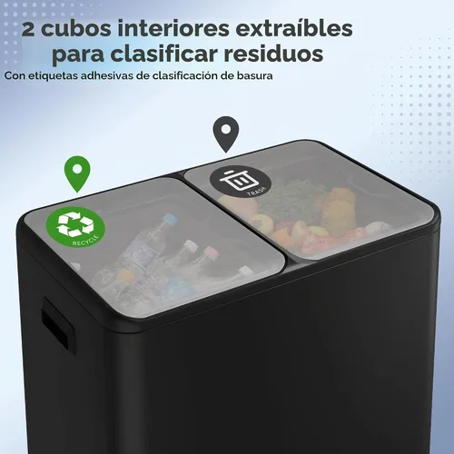 Vista 4 de WLIVE Bote de basura doble de acero inoxidable de 2 x 8 galones, cubo de basura doble para cocina con tapa de cierre suave, combo de basura
