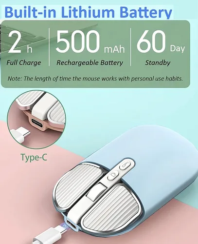 Vista 7 de Ratón recargable inalámbrico de 2.4G con receptor USB, un clic para volver al escritorio, botón de silencio, ahorro de energía, 2400 DPI óptico