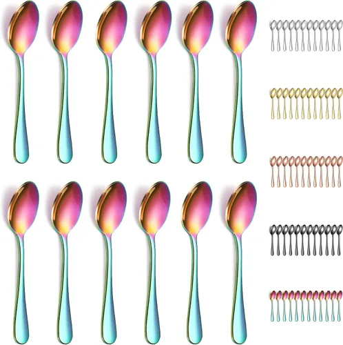 Vista 9 de Evanda 12 cucharaditas doradas, acero inoxidable chapado en titanio dorado, cuchara de té de 5.5 in, cubiertos para té, café, pasteles, postres