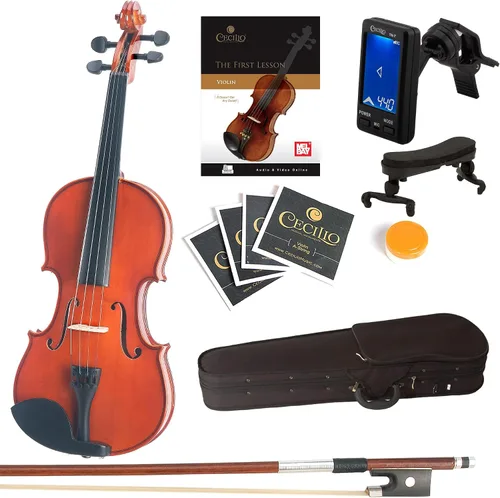 Vista 14 de Violín Mendini de madera sólida, libro de lecciones, cuerdas extra, sintonizador violín, arco y estuche