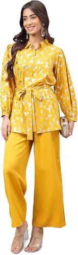 Vista 4 de Janasya Día de la Mujer Amarillo Crepe Foil Impreso Co-ord Set