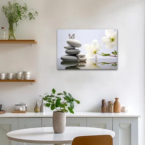 Vista 3 de CXHOSTENT Cuadro zen para decoración de baño, impresiones en lienzo con flores blancas y mariposas sobre piedra, arte de pared para baño, yoga, spa
