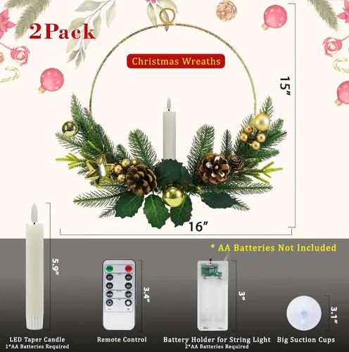 Vista 5 de Paquete de 2 coronas de Navidad para puerta delantera con luces y velas LED parpadeantes y control remoto, coronas de ventanas de 16 pulgadas