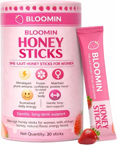 Vista 8 de Bloomin - Palitos de miel Shilajit para mujeres, palitos de miel de fresa, energía natural y potenciador de vitalidad con shatavari y azafrán