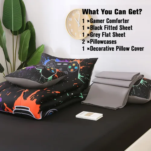 Vista 6 de JQinHome - Juego de edredón Gamer individual para niños y niñas, juego de cama en una bolsa de 6 piezas con diseño de videojuego 3D - Juego de ropa