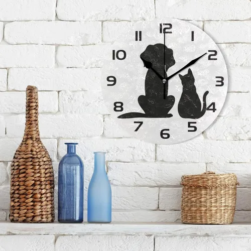 Vista 3 de Qilmy Reloj de pared para perros y gatos, silencioso, sin tictac, pintura al óleo, reloj redondo para sala de estar, dormitorio, baño, decoración