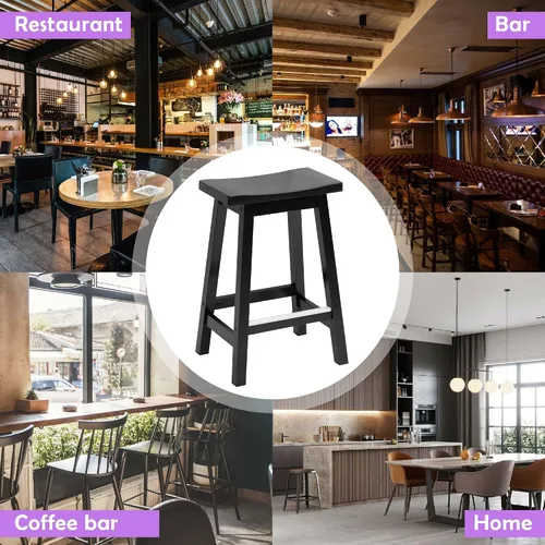 Vista 7 de Juego de 2 taburetes de bar de madera maciza con placas de pie de metal, taburetes modernos sin espalda de 24 pulgadas de altura para encimera